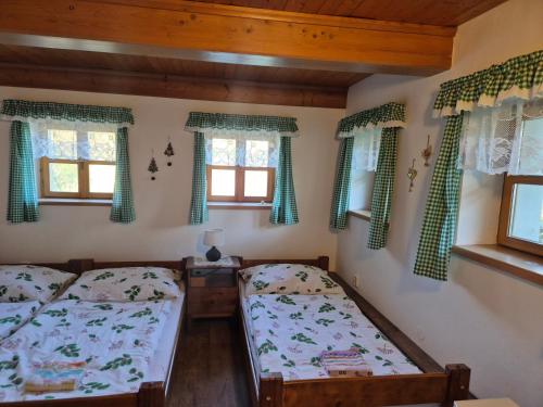 two twin beds in a room with windows at Chalupa Jestřebí in Velké Svatoňovice