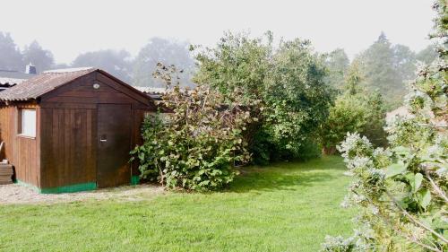 a small wooden shed in a yard with trees at Bungalow Wallner in Basedow