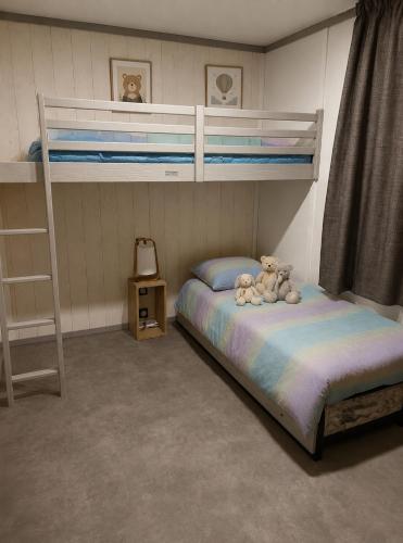 a bedroom with two bunk beds and a ladder at Le Clos de Mizou "Dog Friendly" comme à la maison in Saubrigues