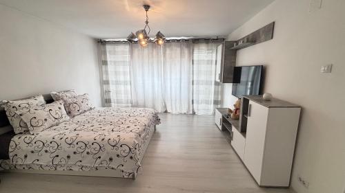 a bedroom with a bed and a flat screen tv at Apartament Ultra-Central Rm Valcea in Râmnicu Vâlcea
