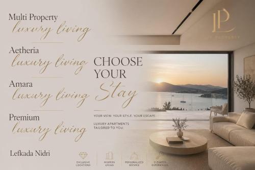 a living room with a wall that reads healthy things choose your stay at Amara Sea View - Luxury Living Lefkada in Nydri