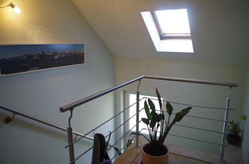 a staircase with a skylight and a potted plant at Ferienwohnung Friedrichswalde in Bahretal