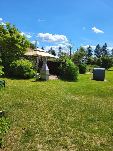 a large yard with a picnic table and an umbrella at Ferienhaus bei der Müritz-Elde Wasserstraße in Malchow