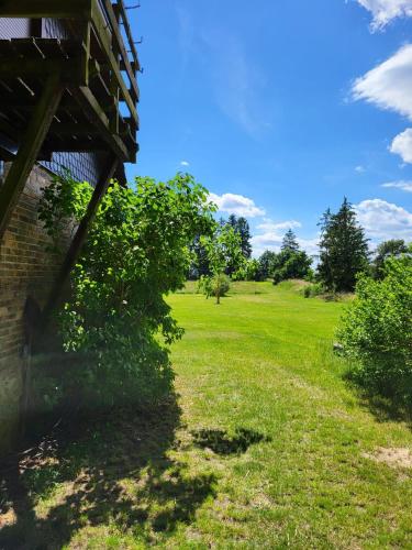 a grassy field with a building and trees in the background at Ferienhaus bei der Müritz-Elde Wasserstraße in Malchow
