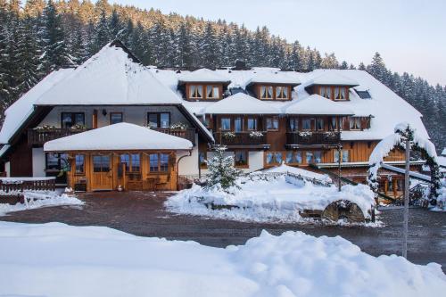 a lodge in the snow with a car parked in front at Hotel Tannenmühle in Grafenhausen