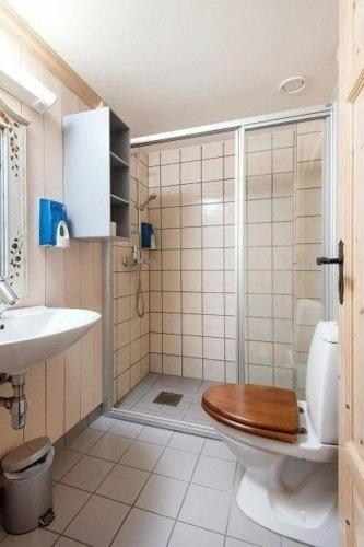 a bathroom with a shower with a toilet and a sink at Hafjell apartment, Ilsetra in Øyer
