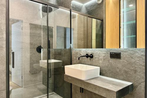 a bathroom with a sink and a glass shower at Apartament Stara Fabryka 3 in Włocławek