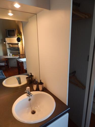 a bathroom with a sink and a mirror at Les Remparts in Binche