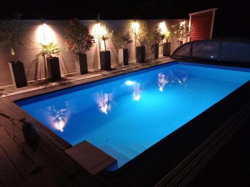 a swimming pool lit up at night with lights at Ferienwohnung an der Singold in Holzhausen bei Buchloe