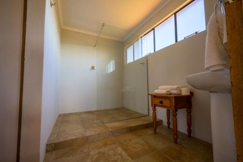 a bathroom with a shower and a sink at De Ark Mountain Lodge in Clarens
