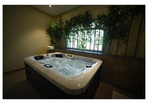 a bathroom with a large bath tub with a window at Dream Habitat Resort in Mohurli