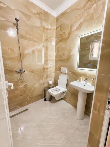 a bathroom with a toilet and a sink at R&A Apartments in Berat