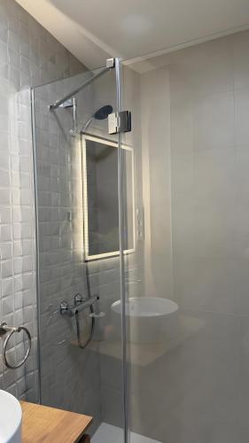 a bathroom with a glass shower with a sink at Rincón Mudejar in Teruel