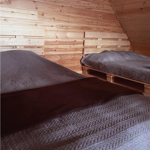two beds in a room with wooden walls at Trobelė miške in Palazdžiai