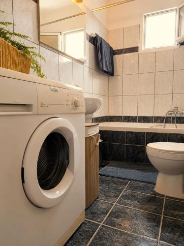 a bathroom with a washing machine and a toilet at Acheron House in Gliki