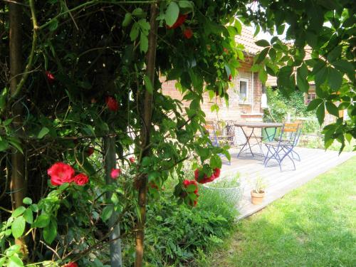 a patio with a table and chairs and roses at Ferienwohnung Stolz G in Ulrichshusen