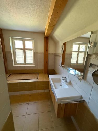 a bathroom with a sink and a mirror at Forsthaus Boberow in Rheinsberg
