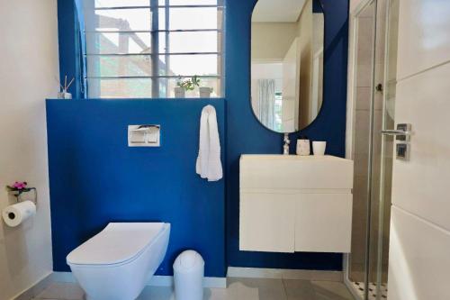 a blue bathroom with a toilet and a mirror at Breakers View in Sheffield Beach