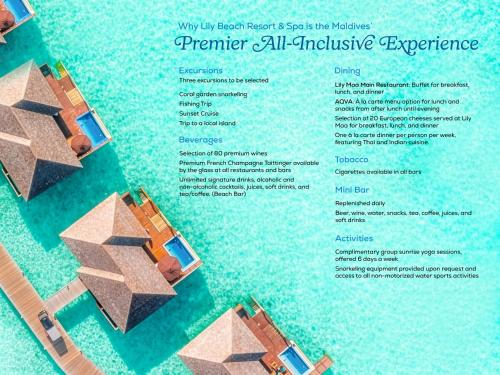 a flyer for an all inclusive experience in the water at Lily Beach Resort and Spa - All Inclusive in Dhangethi