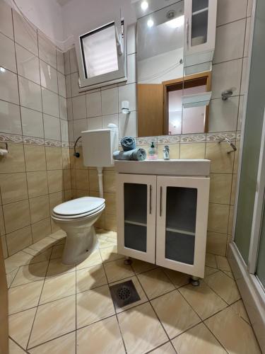 a bathroom with a toilet and a sink and a mirror at SS Pearl Apartment 1 in Utjeha