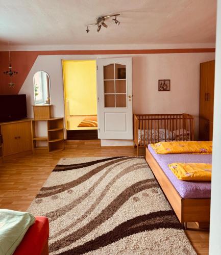a bedroom with a bed and a rug at Apartmán Kristínka in Lendak