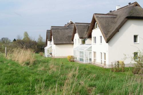 a row of white houses with a grass field at Fewo 18 im Strandhaus Lobbe mit Balkon in Lobbe