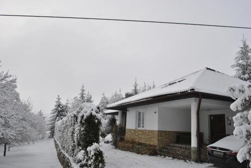 a house covered in snow with a car parked in front at Ubytovanie Zencuch in Drienica