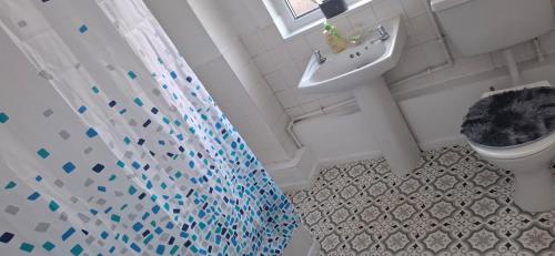 a bathroom with a shower curtain and a sink at Stratford Terrace in Beeston