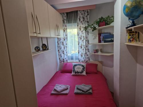 a small bedroom with a pink bed in a room at Velvet Nest in Kumanovo