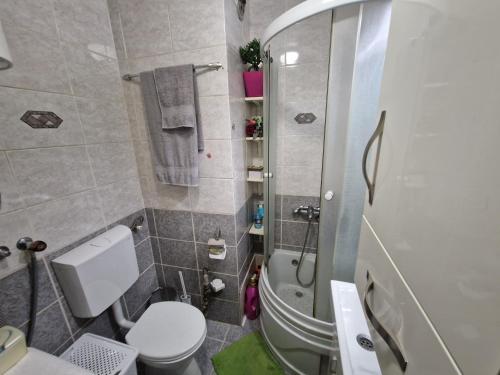 a small bathroom with a toilet and a sink at Velvet Nest in Kumanovo