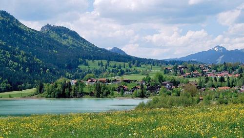 a small town next to a lake in the mountains at Ferienappartements Weissensee in Füssen