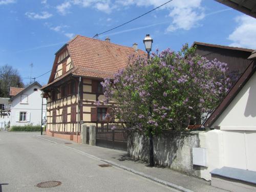 an old building with purple flowers on a street at Logis Hôtel Restaurant Au Lion Rouge in Bartenheim