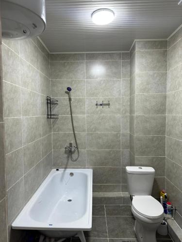 a bathroom with a toilet and a bath tub at RADUGA West in Koshkolʼ