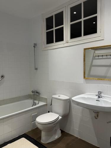 a white bathroom with a toilet and a sink at Rambla Riverview in Girona