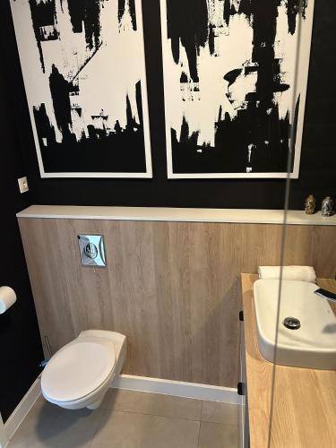 a bathroom with a toilet and a sink at Apartament 101 in Piła