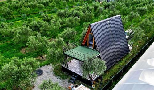 an overhead view of a house with a green roof at Villa Olivia in Elbasan