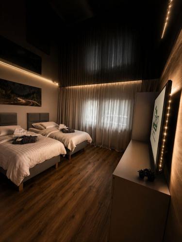 a bedroom with two beds and a flat screen tv at M&M Apartment Air Conditioning Garage in Adenau