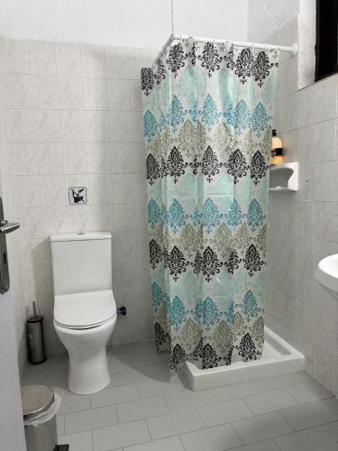 a bathroom with a toilet and a shower curtain at Aleka Apartments in Kos
