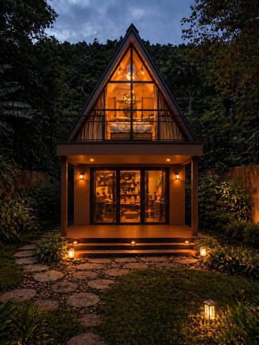 a small house with a large window and lights at Secret Garden Ella Cabana & Stay in Ella