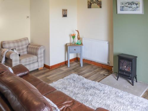 a living room with a leather couch and a wood stove at Towy Cottage - Uk49589 in Llansawel