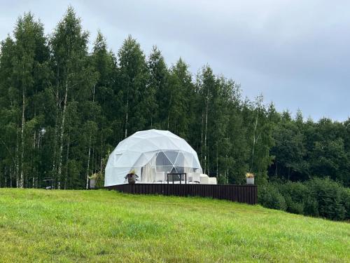 a large white tent in the middle of a field at Ozols in Vecpiebalga