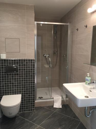 a bathroom with a shower and a toilet and a sink at Apartments in Residence Garden Towers in Prague
