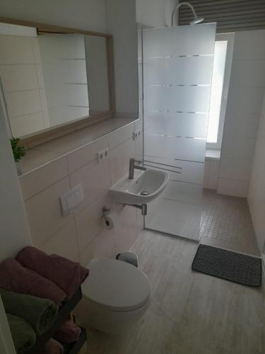 a bathroom with a toilet and a sink at Ferienwohnung Gertraude in Markranstädt