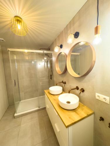 a bathroom with a sink and a shower at luxe stadsappartement Workum in Workum
