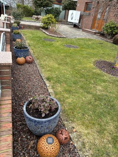 a garden with several pots of plants in a yard at Ferienwohnung Wellenkamp in Itzehoe