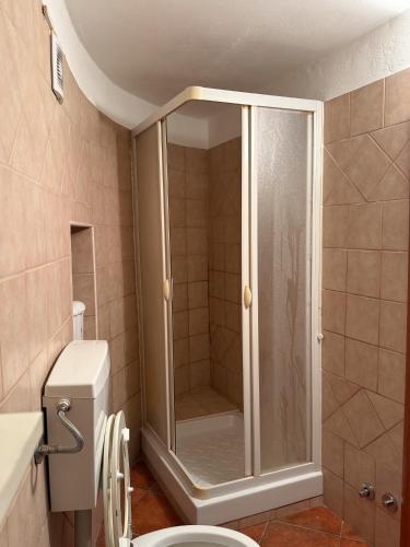 a shower with a glass door in a bathroom at Borgo Luce - Rooftop and Rooms in Francavilla Marittima