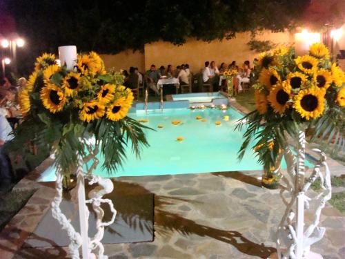 two vases filled with sunflowers on a table at Guesthouse Amanitis Caesarea in Skíti