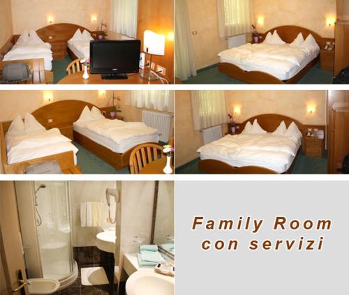 two pictures of a family room with two beds at Hotel Stella Montis in Campitello di Fassa