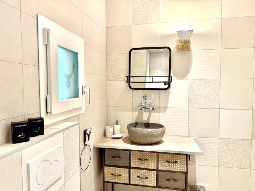 a bathroom with a sink and a mirror at Le Petit Observatoire in Chardonne