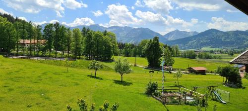 a green field with trees and mountains in the background at Maria Schnitzenbaumer in Fischbachau